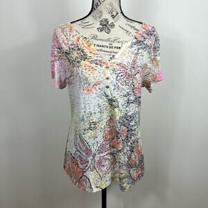 Style & co bedazzled floral butterfly short sleeve v-neck lightweight shirt